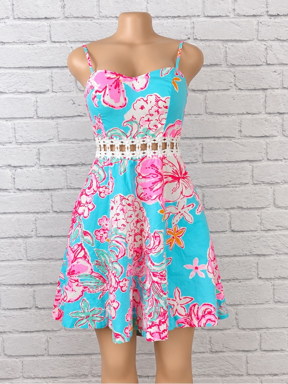 Lilly Pulitzer Floral Sundress Size 0 Blue Pink Cotton Crochet Waist